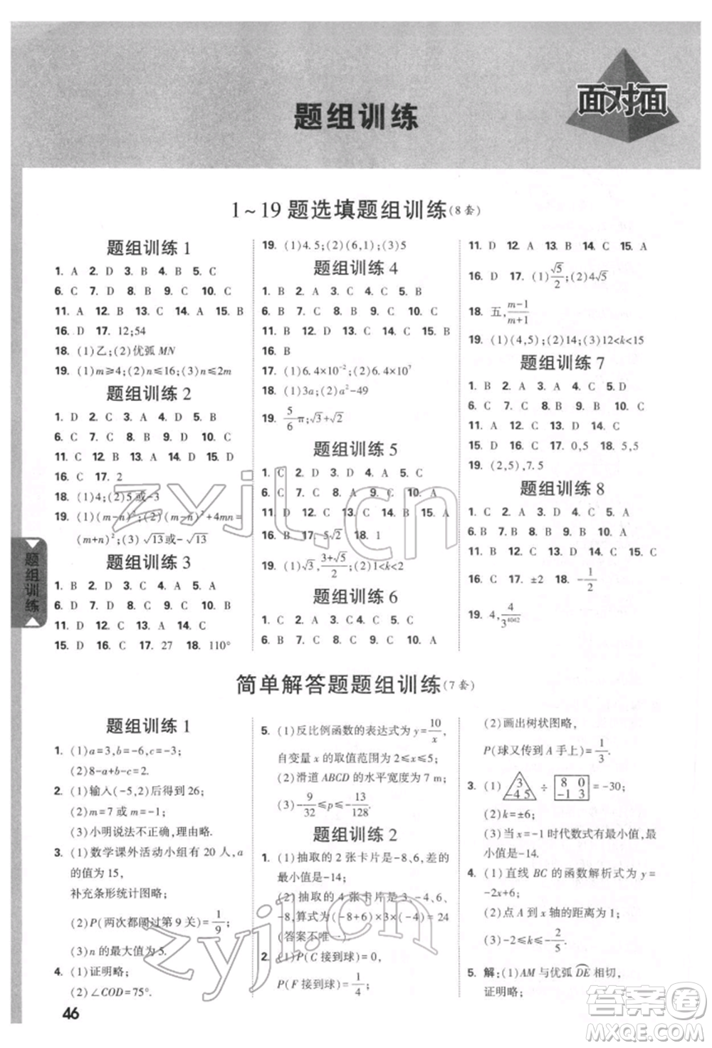 新疆青少年出版社2022中考面對(duì)面九年級(jí)數(shù)學(xué)通用版河北專版參考答案