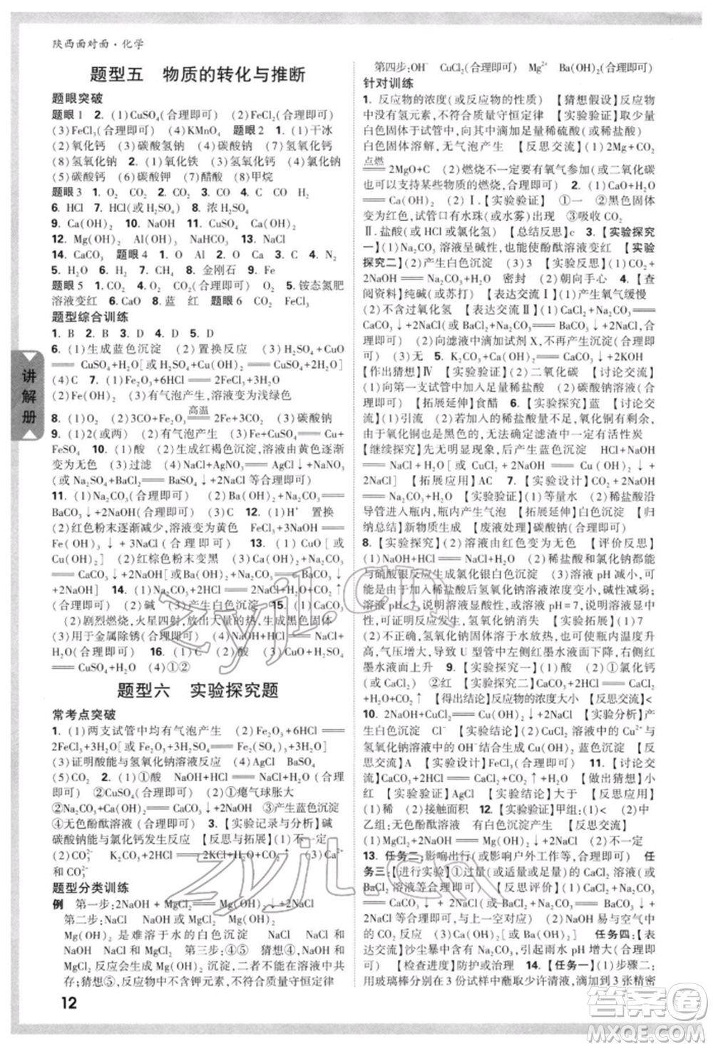 陜西科學(xué)技術(shù)出版社2022中考面對面九年級化學(xué)通用版陜西專版參考答案