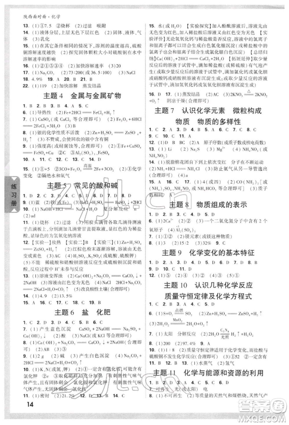 陜西科學(xué)技術(shù)出版社2022中考面對面九年級化學(xué)通用版陜西專版參考答案