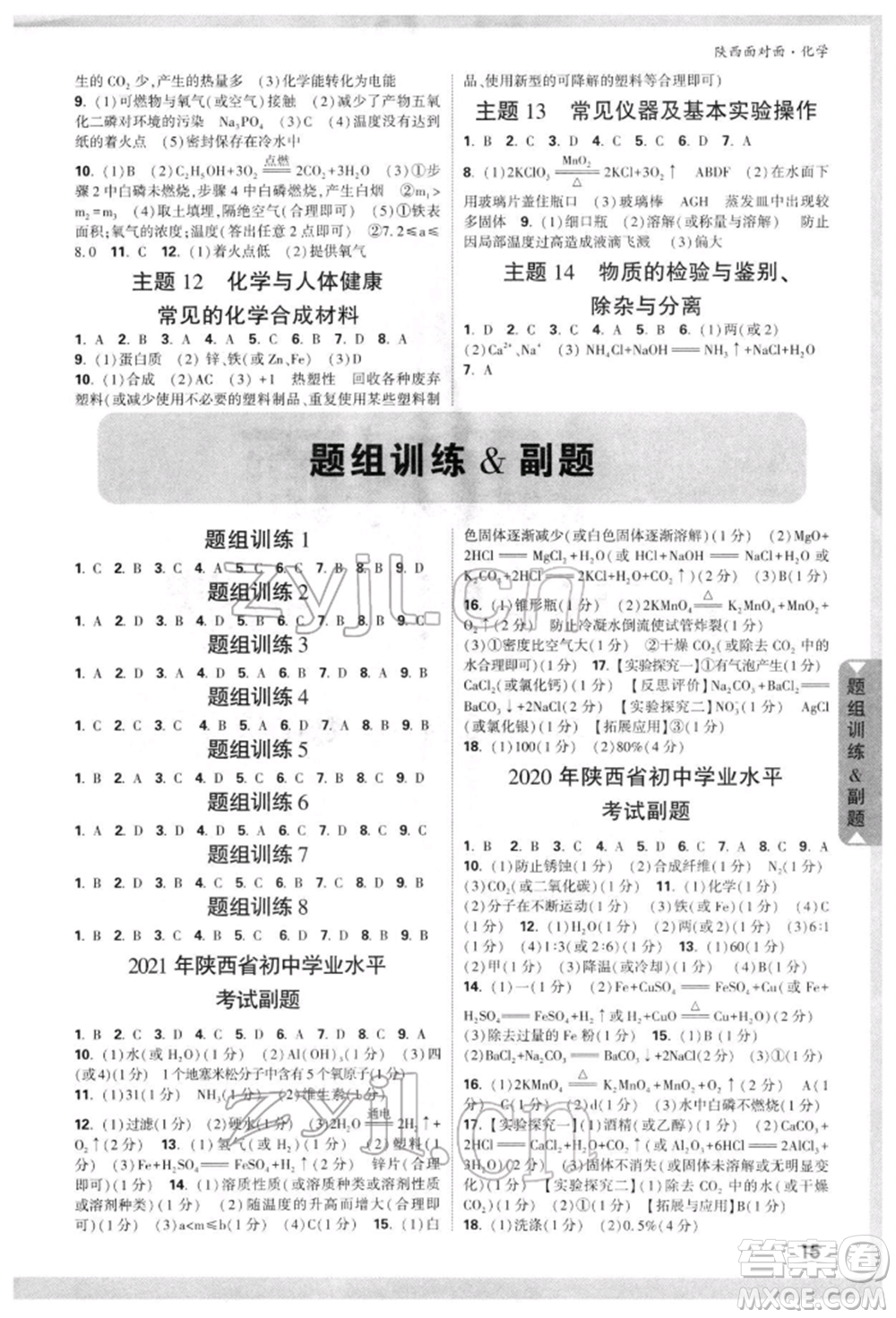 陜西科學(xué)技術(shù)出版社2022中考面對面九年級化學(xué)通用版陜西專版參考答案