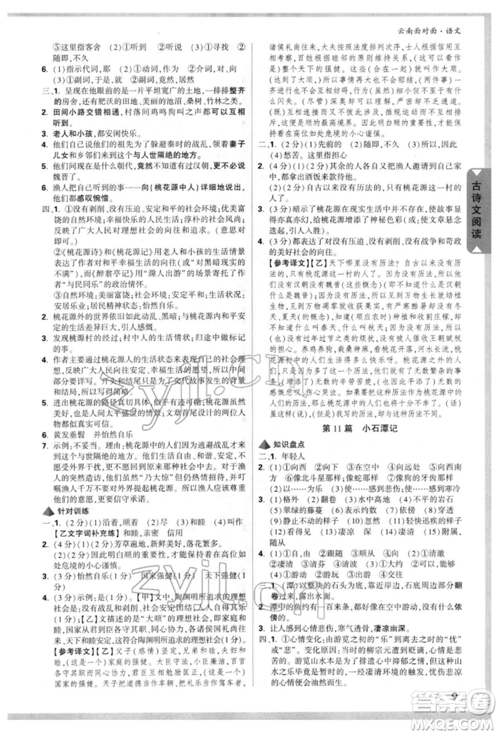 新疆青少年出版社2022中考面對面九年級語文通用版云南專版參考答案