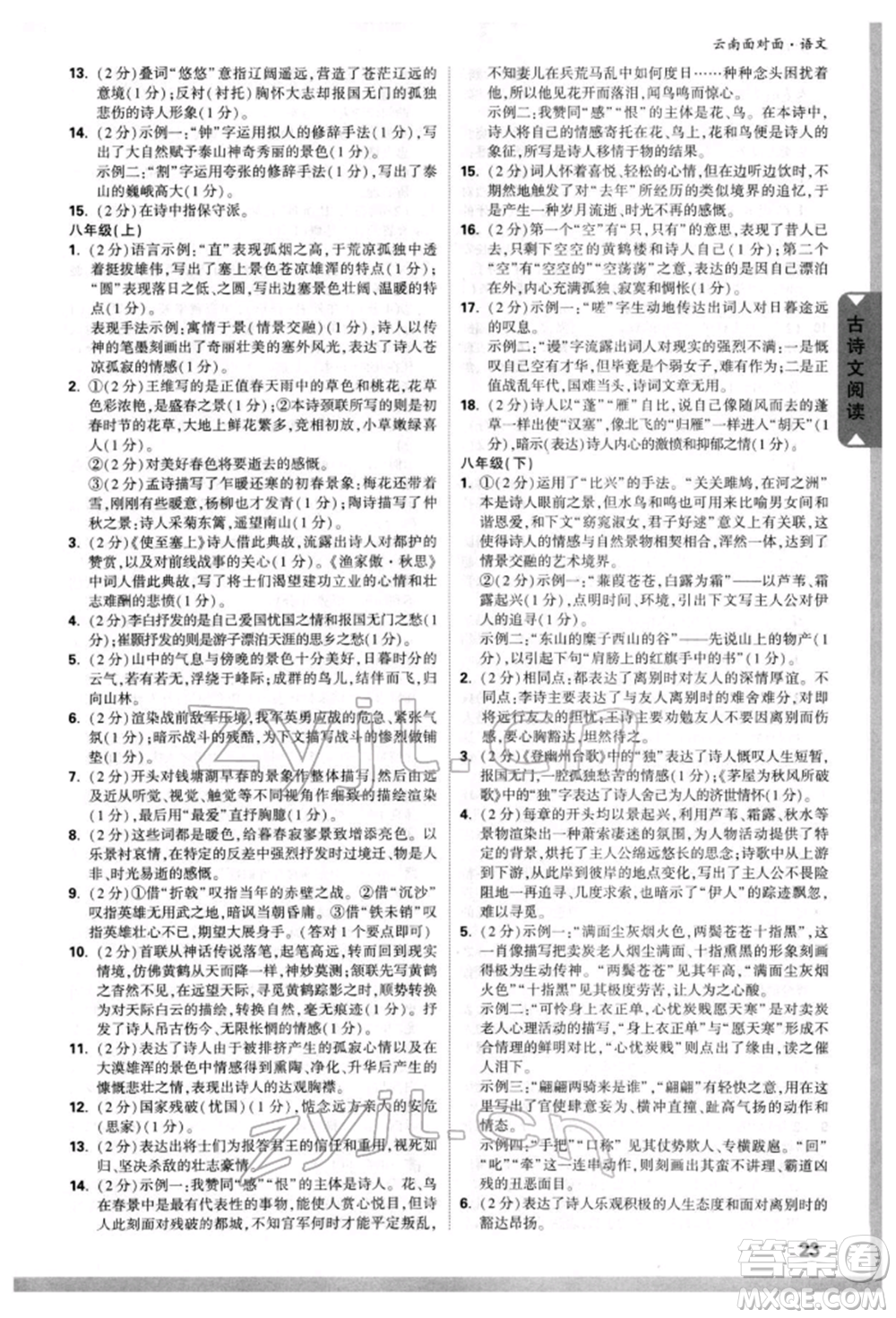 新疆青少年出版社2022中考面對面九年級語文通用版云南專版參考答案