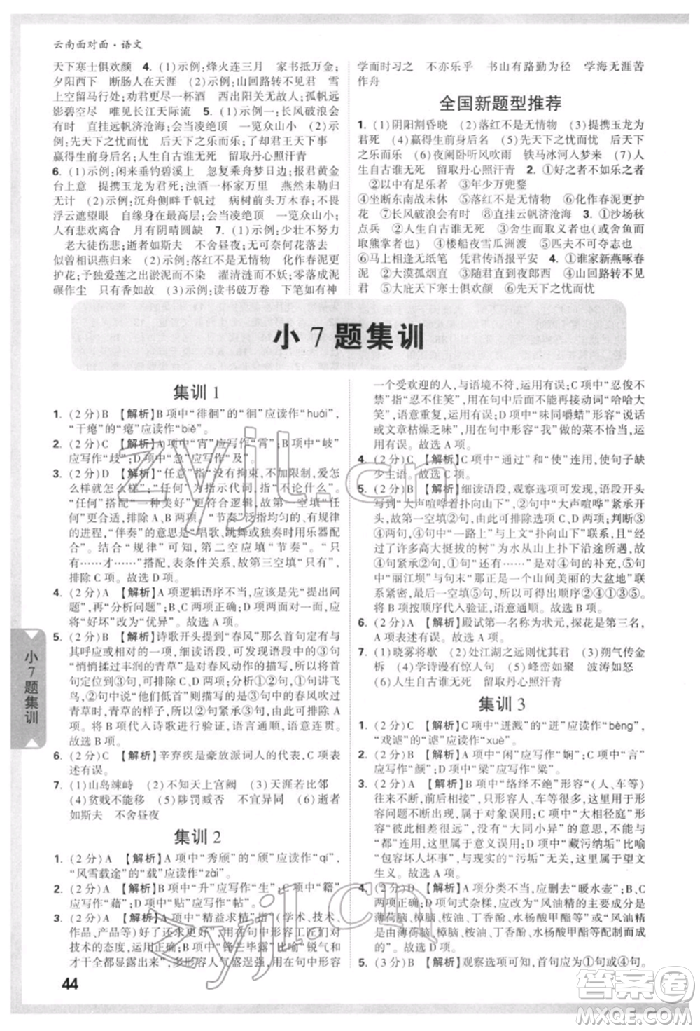 新疆青少年出版社2022中考面對面九年級語文通用版云南專版參考答案