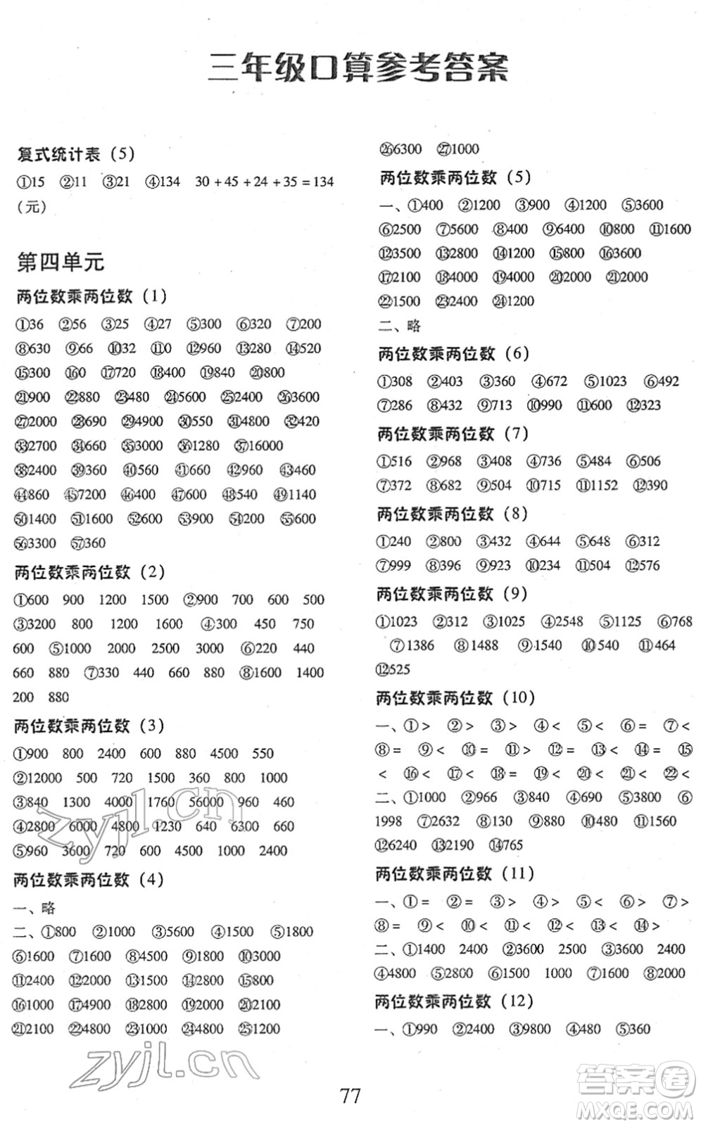 云南美術(shù)出版社2022每日10分鐘口算心算速算天天練三年級(jí)數(shù)學(xué)下冊(cè)RJ人教版答案