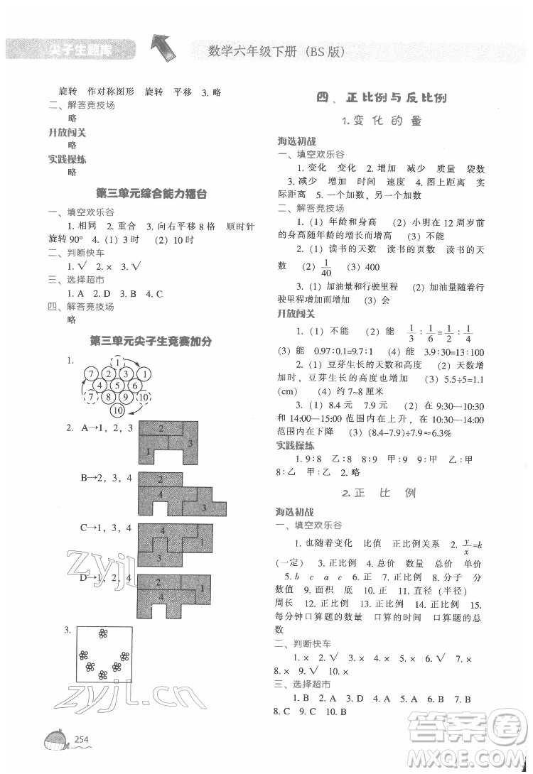 遼寧教育出版社2022尖子生題庫數(shù)學(xué)六年級(jí)下冊BS北師版答案