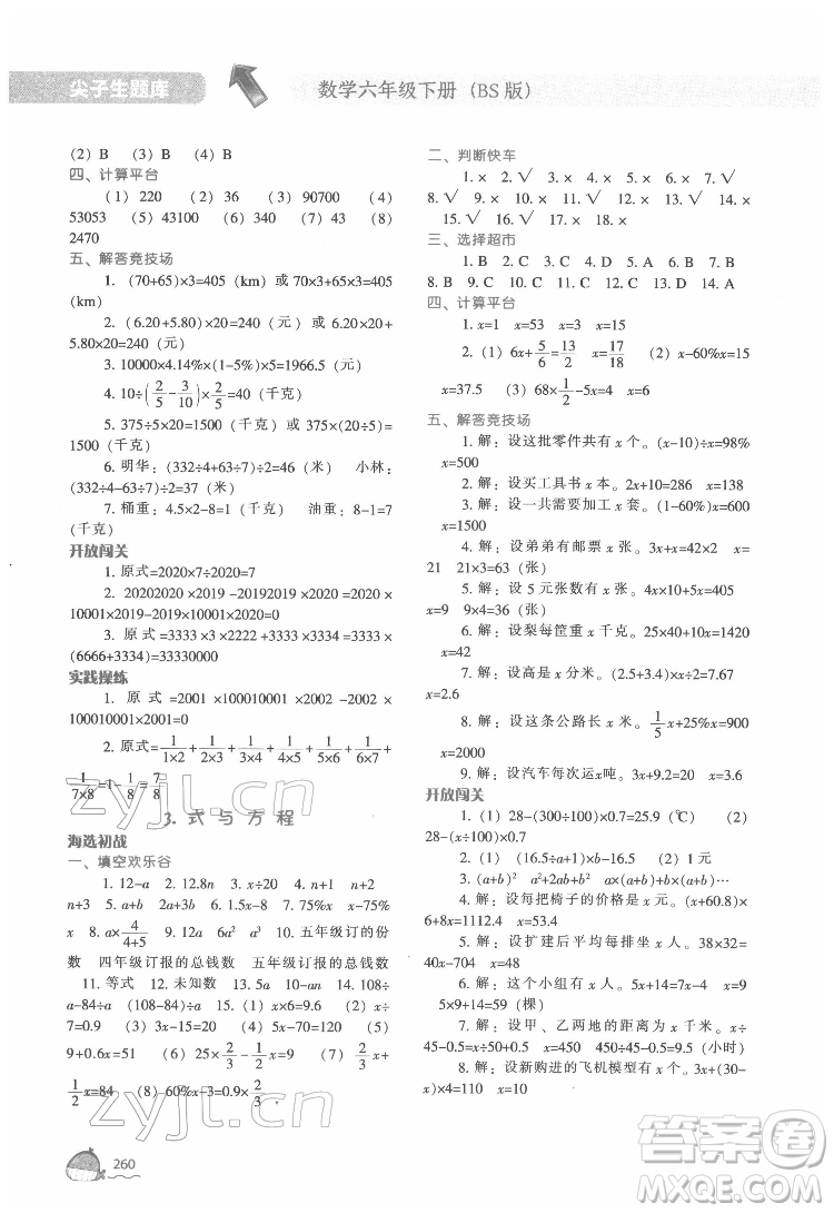 遼寧教育出版社2022尖子生題庫數(shù)學(xué)六年級(jí)下冊BS北師版答案