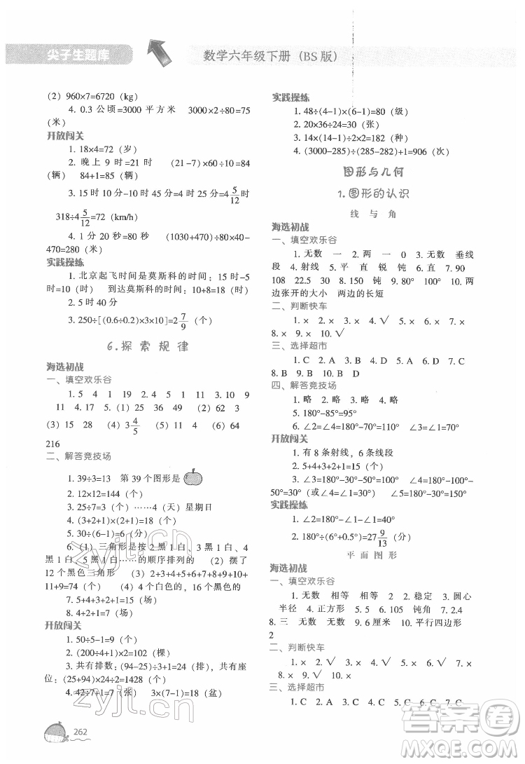 遼寧教育出版社2022尖子生題庫數(shù)學(xué)六年級(jí)下冊BS北師版答案