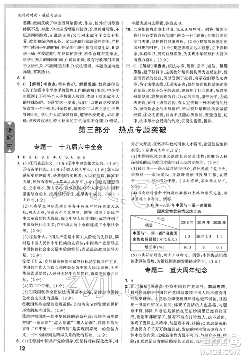 西安出版社2022中考面對(duì)面九年級(jí)道德與法治通用版陜西專版參考答案