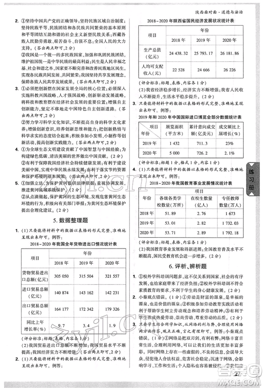 西安出版社2022中考面對(duì)面九年級(jí)道德與法治通用版陜西專版參考答案