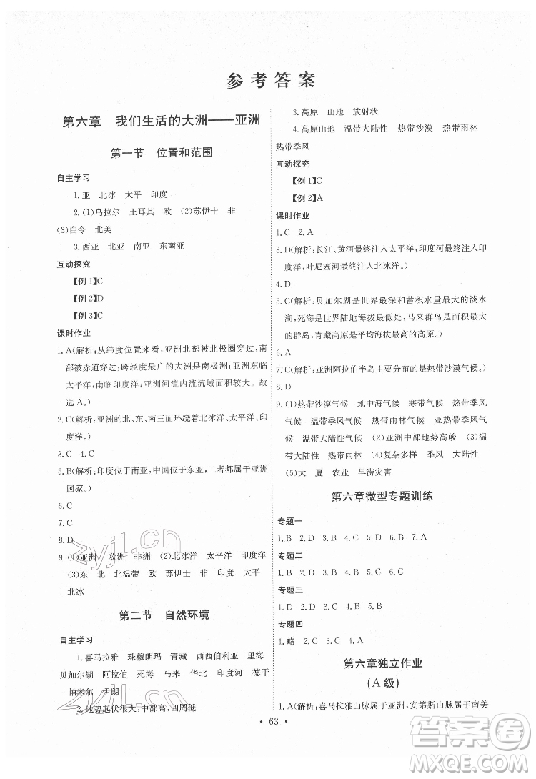 崇文書局2022長江全能學(xué)案同步練習(xí)冊地理七年級下冊人教版答案