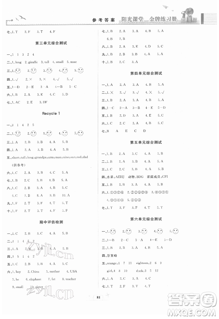人民教育出版社2022陽光課堂金牌練習(xí)冊英語三年級下冊人教版答案