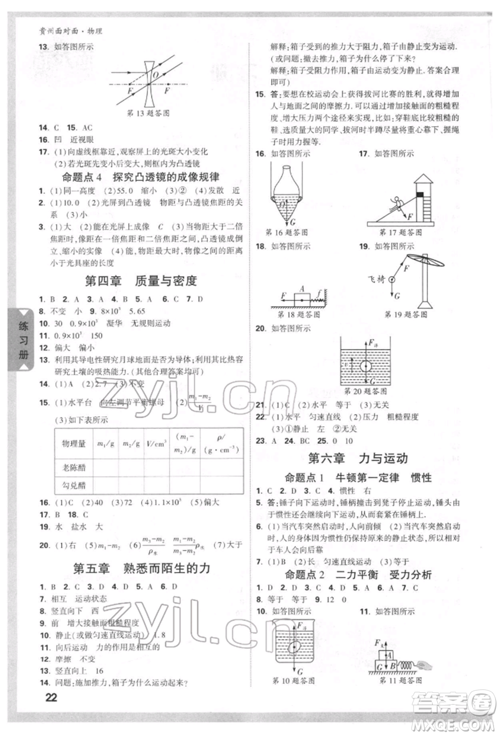 新疆青少年出版社2022中考面對(duì)面九年級(jí)物理通用版貴州專(zhuān)版參考答案