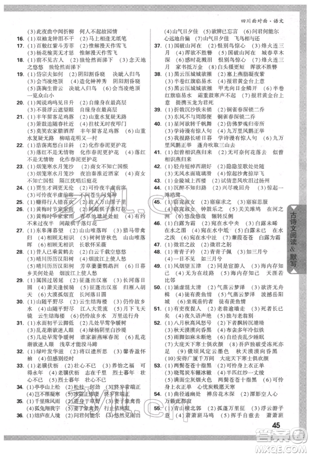 新疆青少年出版社2022中考面對面九年級語文通用版四川專版參考答案