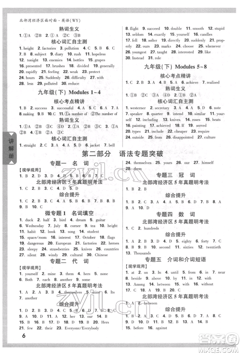 新疆青少年出版社2022中考面對(duì)面九年級(jí)英語(yǔ)外研版北部灣經(jīng)濟(jì)區(qū)專版參考答案