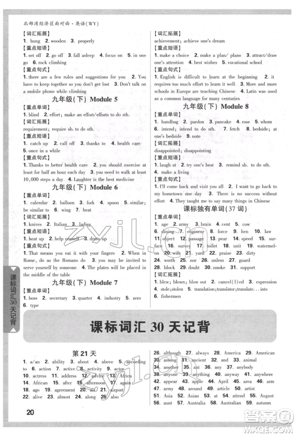 新疆青少年出版社2022中考面對(duì)面九年級(jí)英語(yǔ)外研版北部灣經(jīng)濟(jì)區(qū)專版參考答案