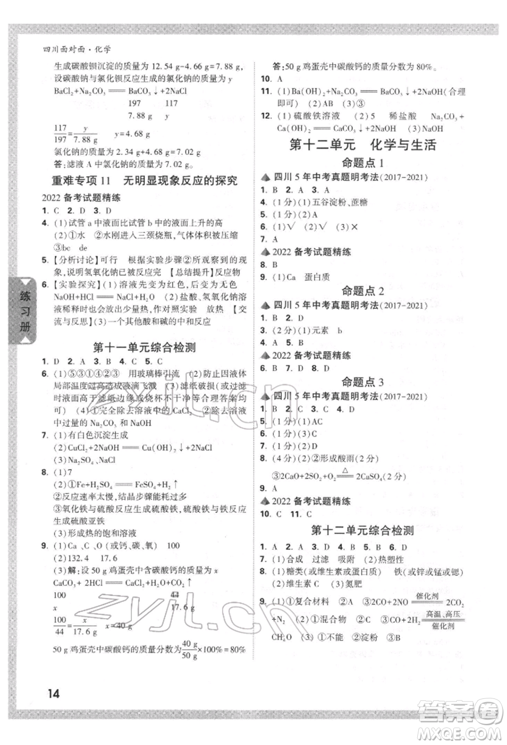 新疆青少年出版社2022中考面對面九年級化學通用版四川專版參考答案