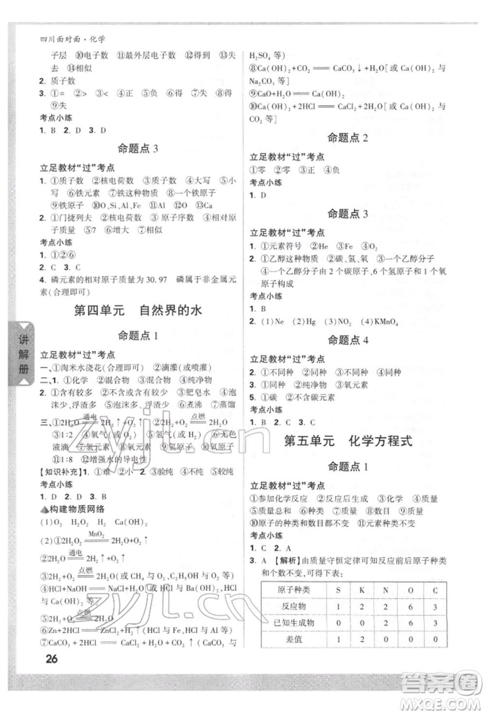 新疆青少年出版社2022中考面對面九年級化學通用版四川專版參考答案