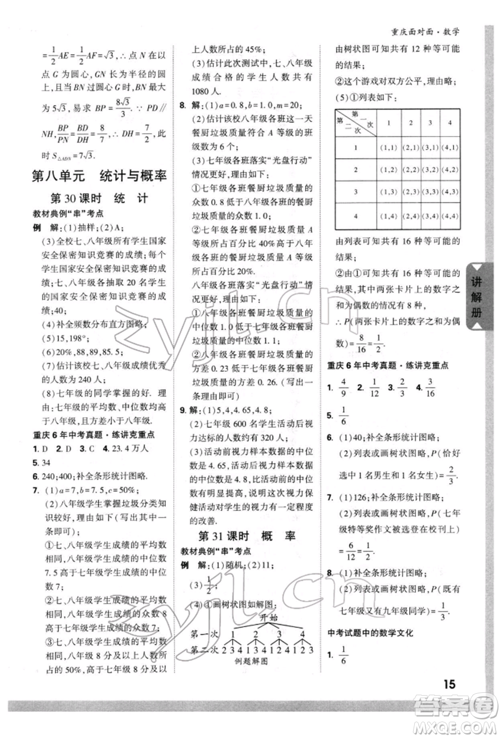 新疆青少年出版社2022中考面對(duì)面九年級(jí)數(shù)學(xué)通用版重慶專版參考答案