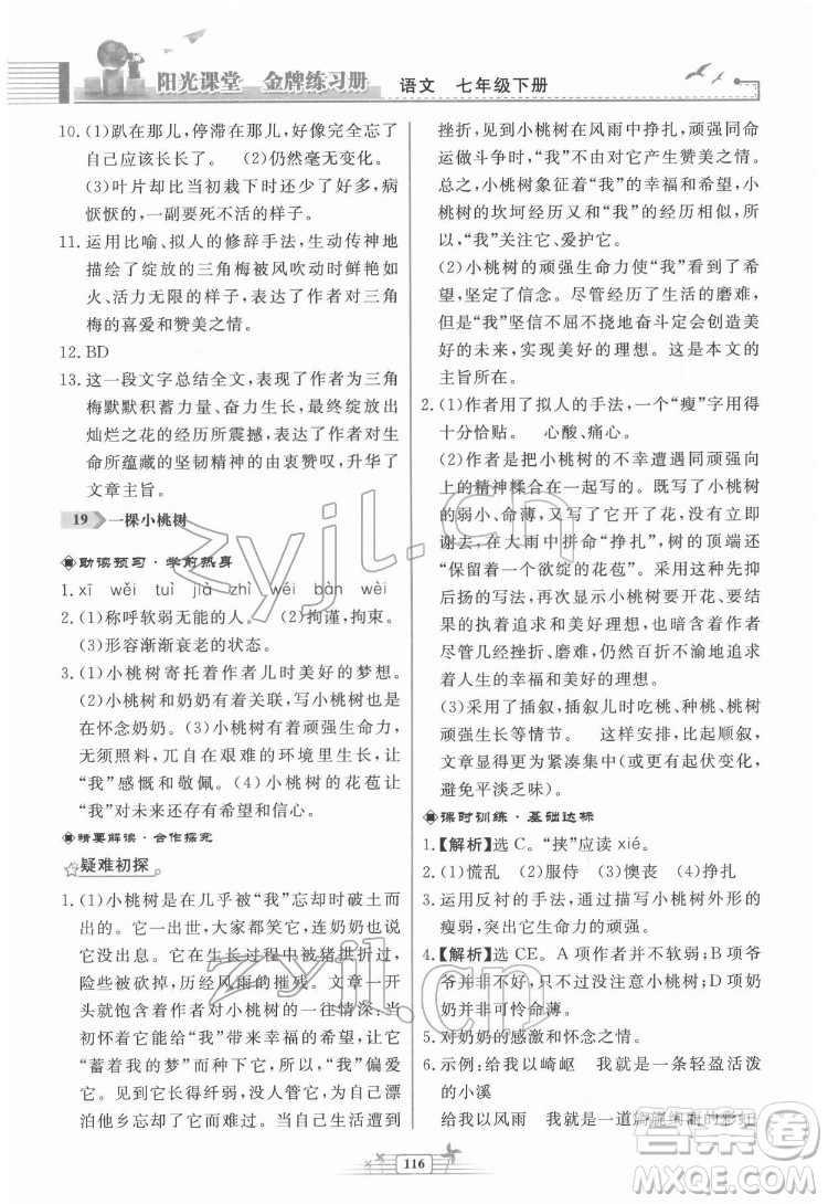 人民教育出版社2022陽光課堂金牌練習(xí)冊(cè)語文七年級(jí)下冊(cè)人教版福建專版答案