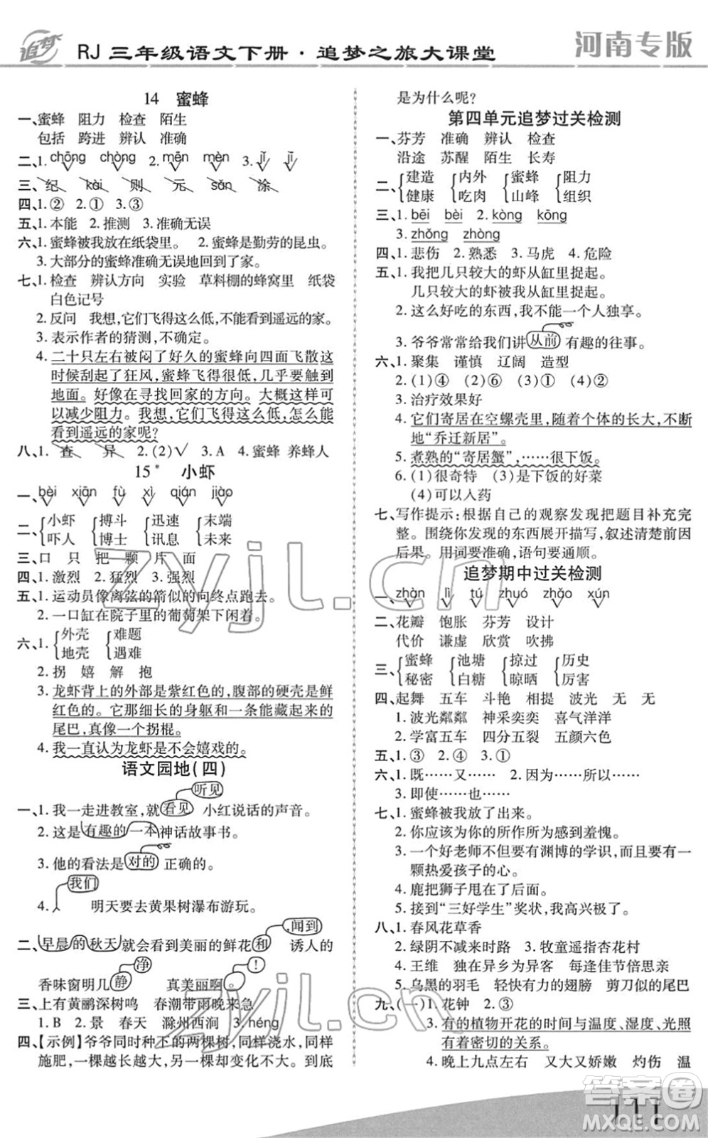 天津科學(xué)技術(shù)出版社2022追夢(mèng)之旅大課堂三年級(jí)語(yǔ)文下冊(cè)RJ人教版河南專版答案