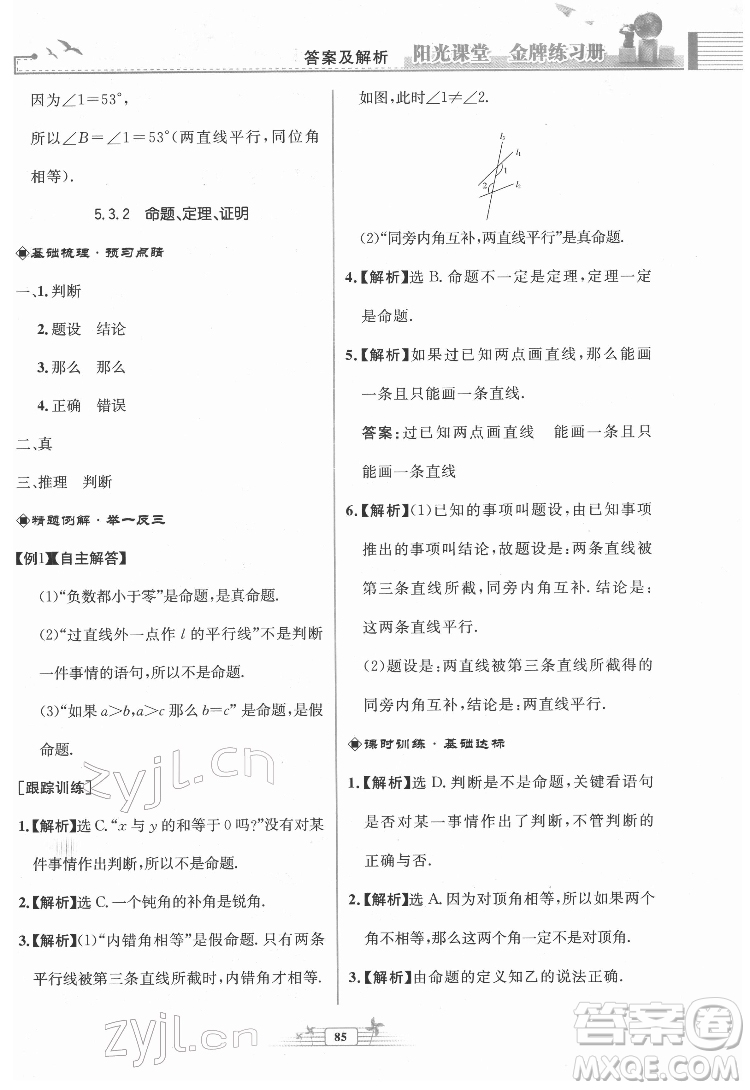 人民教育出版社2022陽(yáng)光課堂金牌練習(xí)冊(cè)數(shù)學(xué)七年級(jí)下冊(cè)人教版福建專版答案