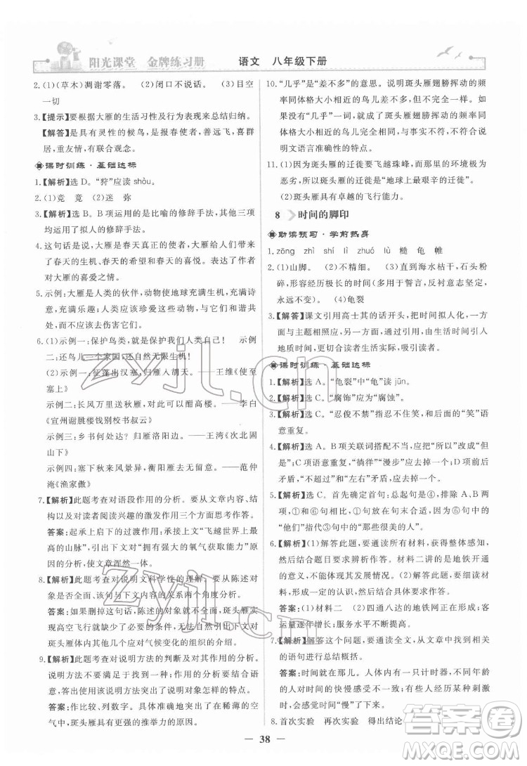 人民教育出版社2022陽光課堂金牌練習(xí)冊語文八年級下冊人教版答案