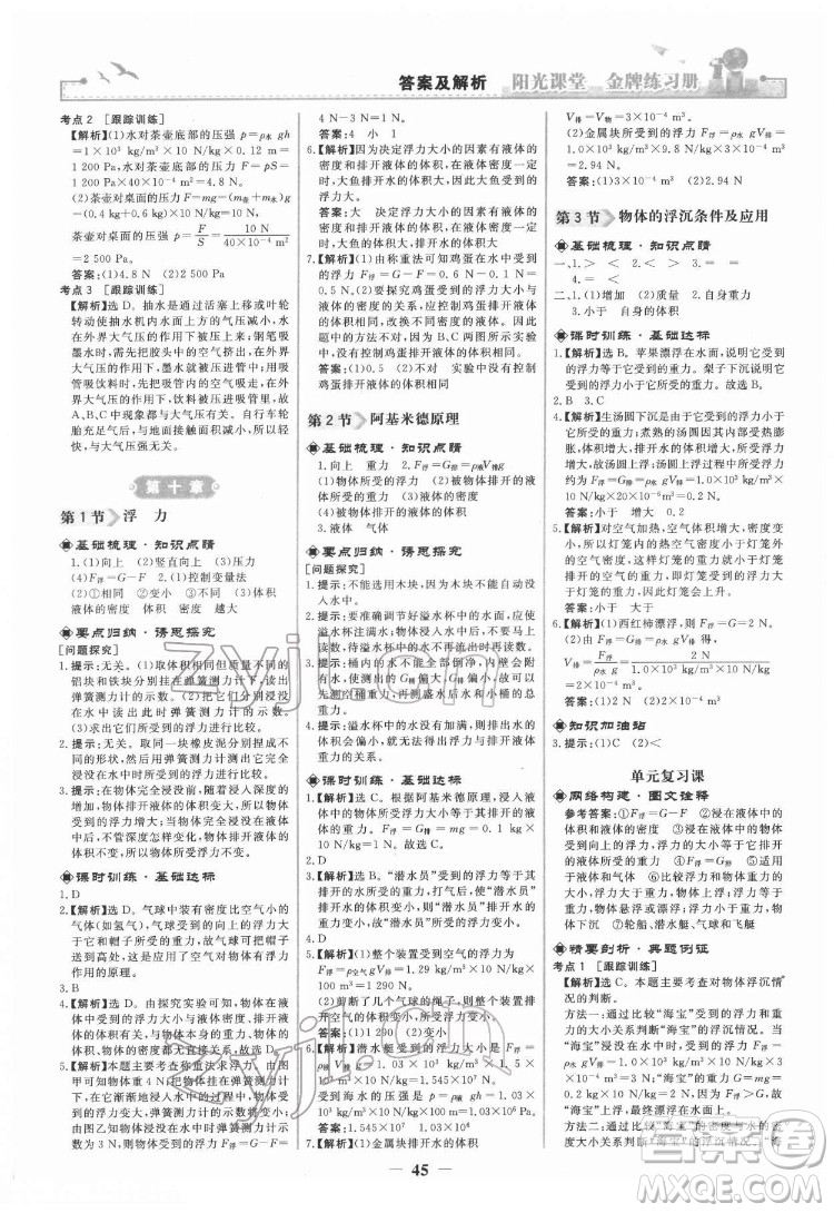 人民教育出版社2022陽(yáng)光課堂金牌練習(xí)冊(cè)物理八年級(jí)下冊(cè)人教版答案