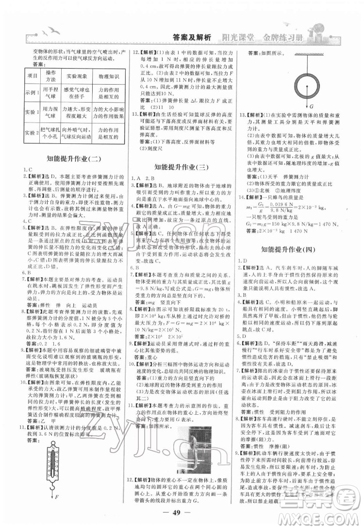 人民教育出版社2022陽(yáng)光課堂金牌練習(xí)冊(cè)物理八年級(jí)下冊(cè)人教版答案