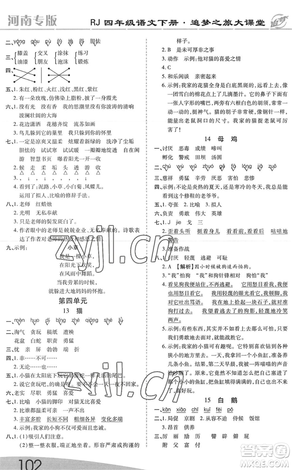 天津科學(xué)技術(shù)出版社2022追夢(mèng)之旅大課堂四年級(jí)語(yǔ)文下冊(cè)RJ人教版河南專(zhuān)版答案