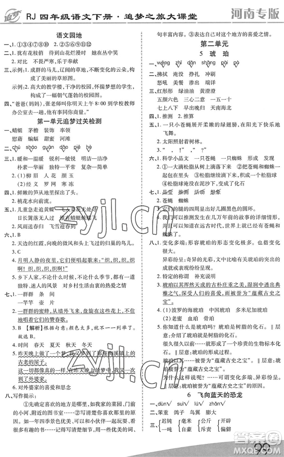 天津科學(xué)技術(shù)出版社2022追夢(mèng)之旅大課堂四年級(jí)語(yǔ)文下冊(cè)RJ人教版河南專(zhuān)版答案