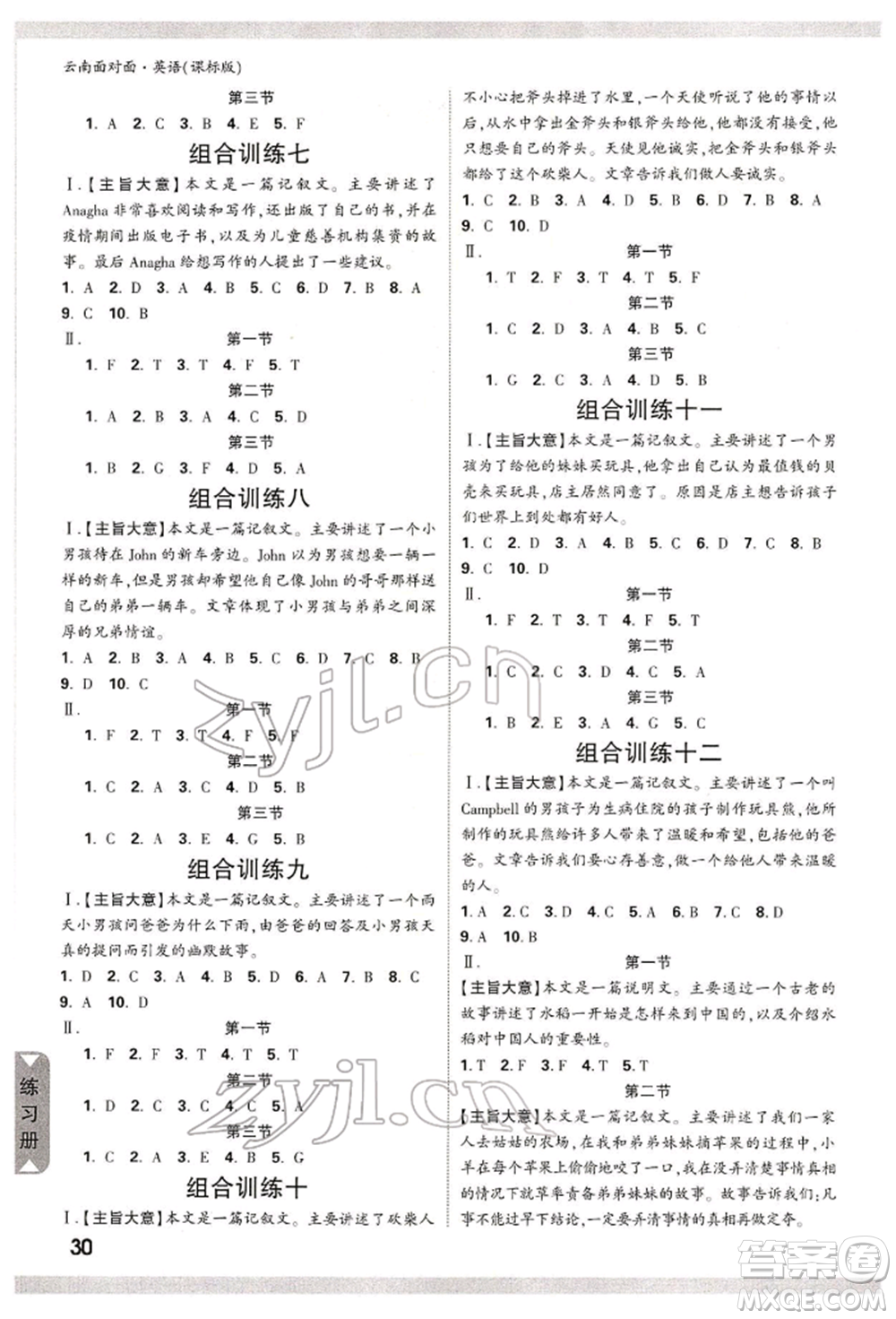 新疆青少年出版社2022中考面對(duì)面九年級(jí)英語(yǔ)課標(biāo)版云南專版參考答案