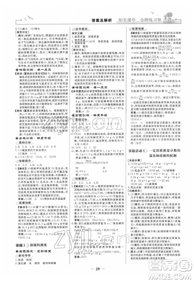 人民教育出版社2022陽光課堂金牌練習(xí)冊化學(xué)九年級下冊人教版答案
