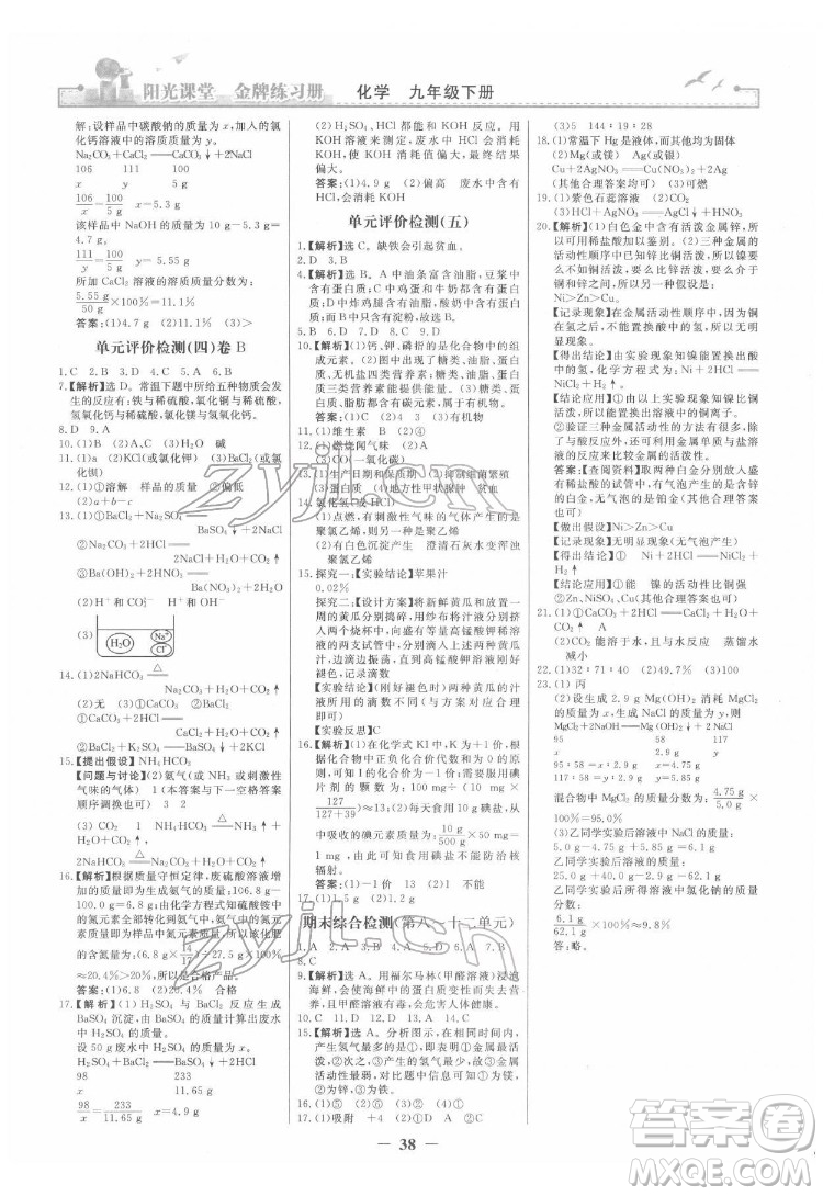 人民教育出版社2022陽光課堂金牌練習(xí)冊化學(xué)九年級下冊人教版答案