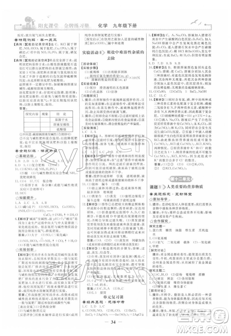 人民教育出版社2022陽光課堂金牌練習(xí)冊化學(xué)九年級下冊人教版答案
