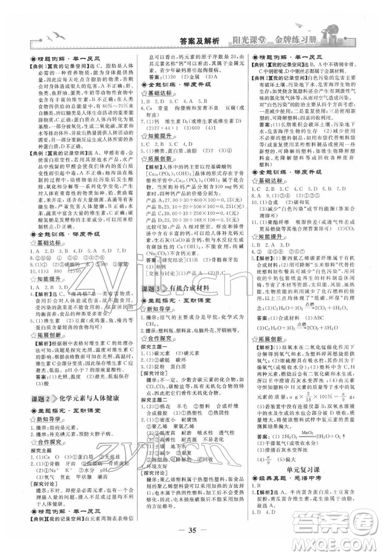 人民教育出版社2022陽光課堂金牌練習(xí)冊化學(xué)九年級下冊人教版答案