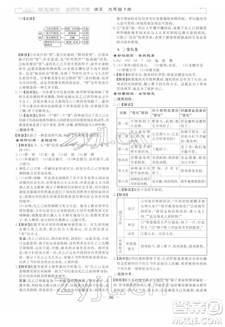 人民教育出版社2022陽光課堂金牌練習(xí)冊語文九年級下冊人教版答案