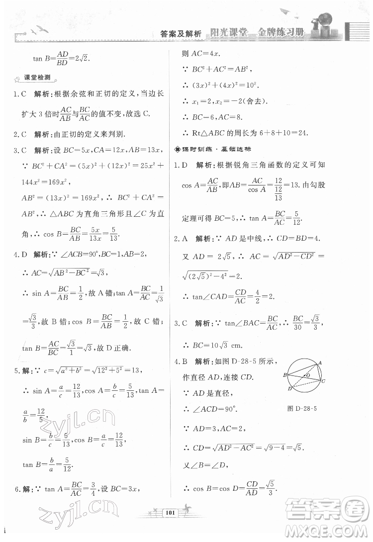 人民教育出版社2022陽(yáng)光課堂金牌練習(xí)冊(cè)數(shù)學(xué)九年級(jí)下冊(cè)人教福建專(zhuān)版版答案