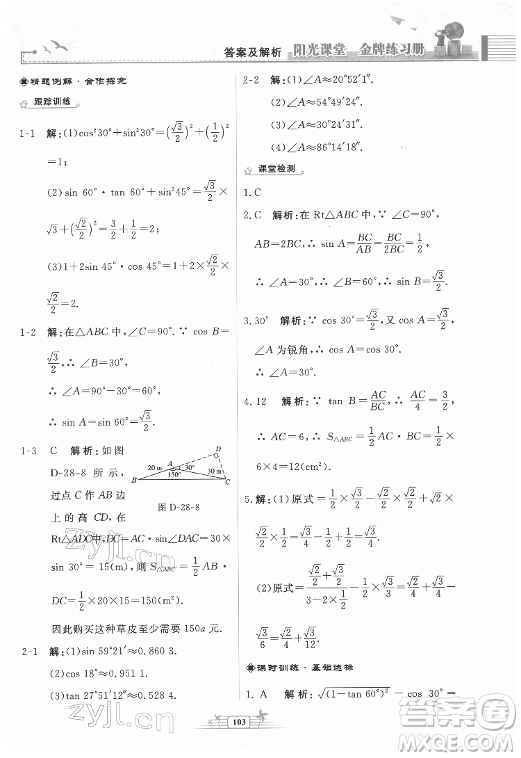 人民教育出版社2022陽(yáng)光課堂金牌練習(xí)冊(cè)數(shù)學(xué)九年級(jí)下冊(cè)人教福建專(zhuān)版版答案