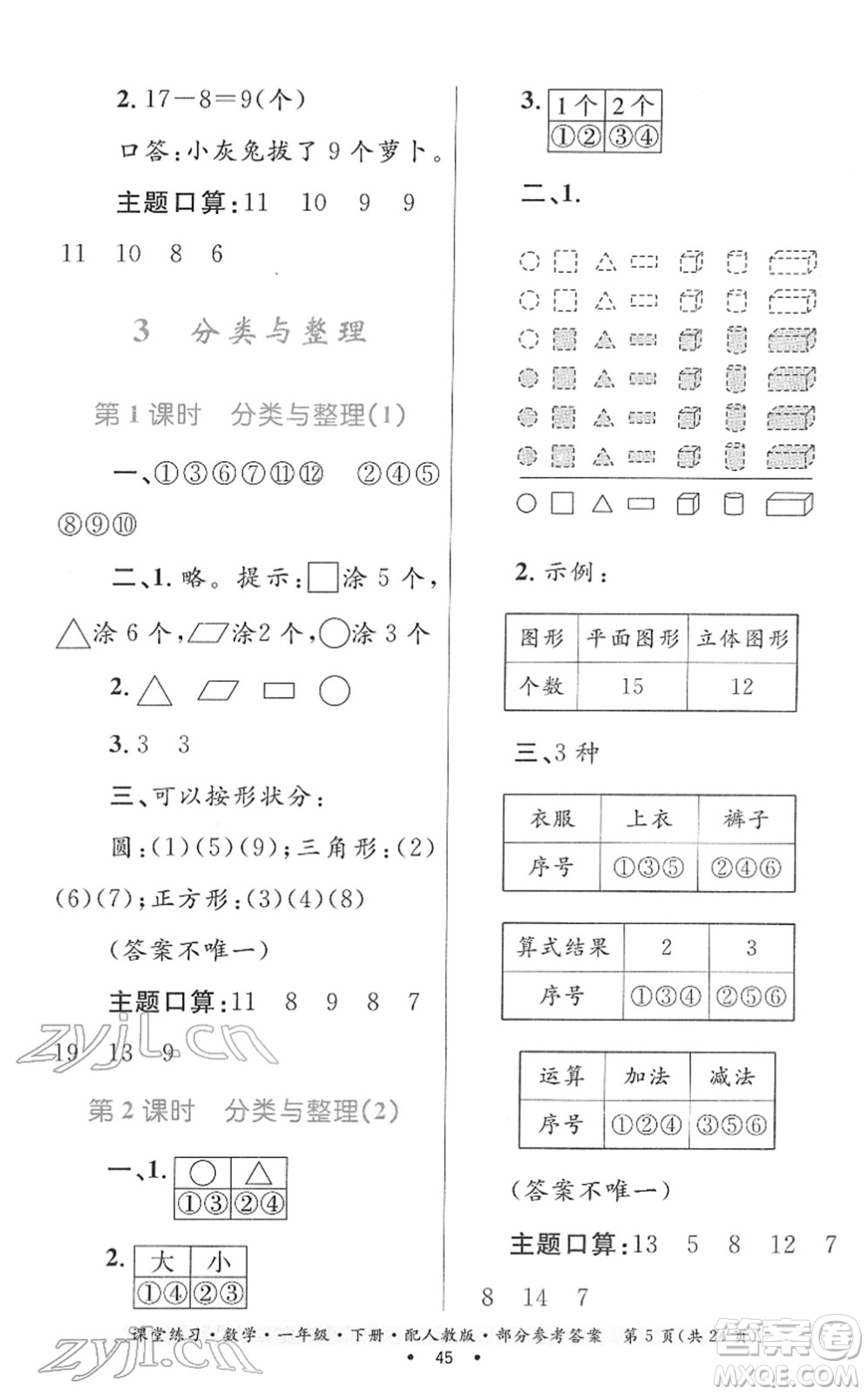 貴州人民出版社2022課堂練習(xí)一年級(jí)數(shù)學(xué)下冊(cè)人教版答案