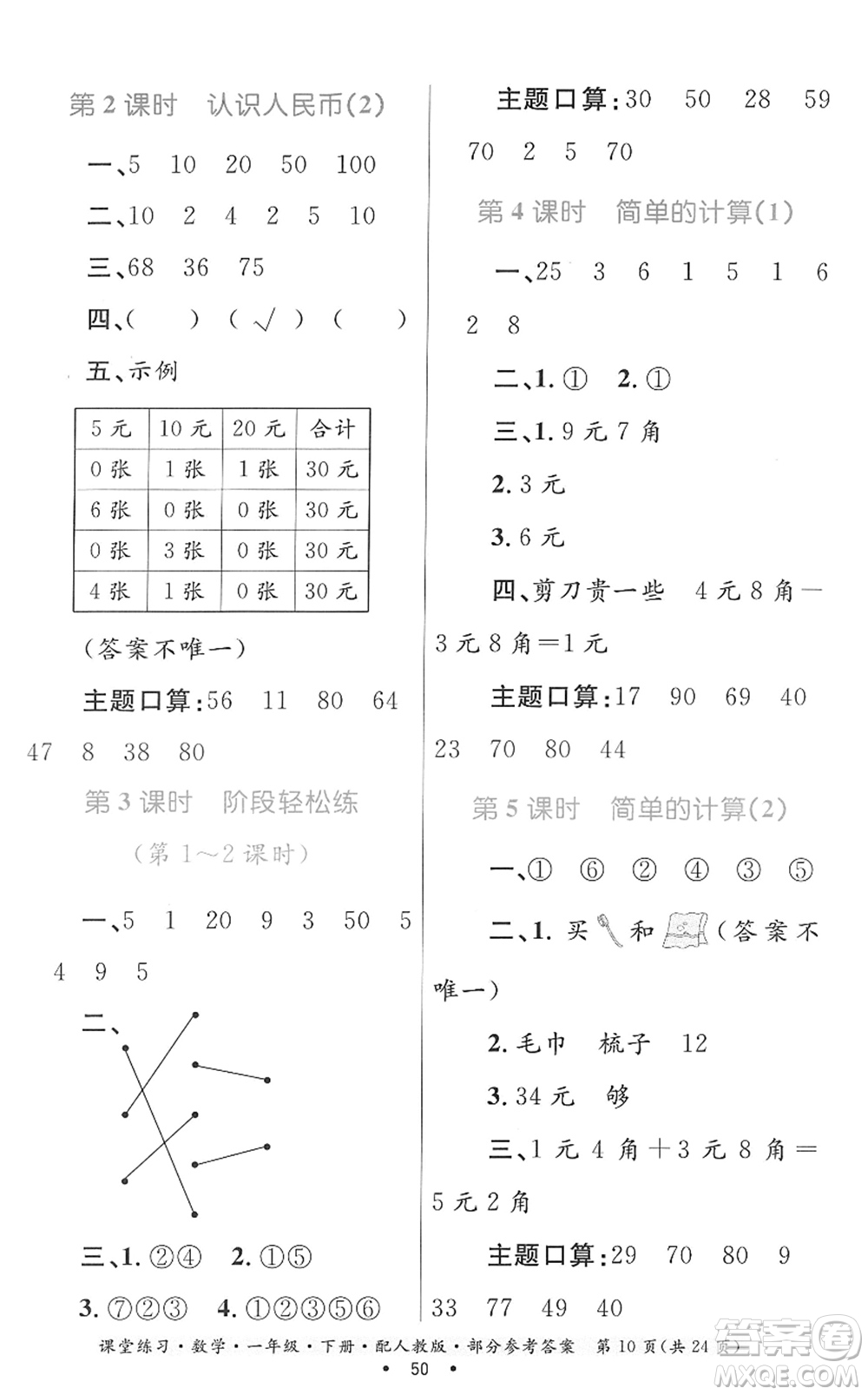 貴州人民出版社2022課堂練習(xí)一年級(jí)數(shù)學(xué)下冊(cè)人教版答案