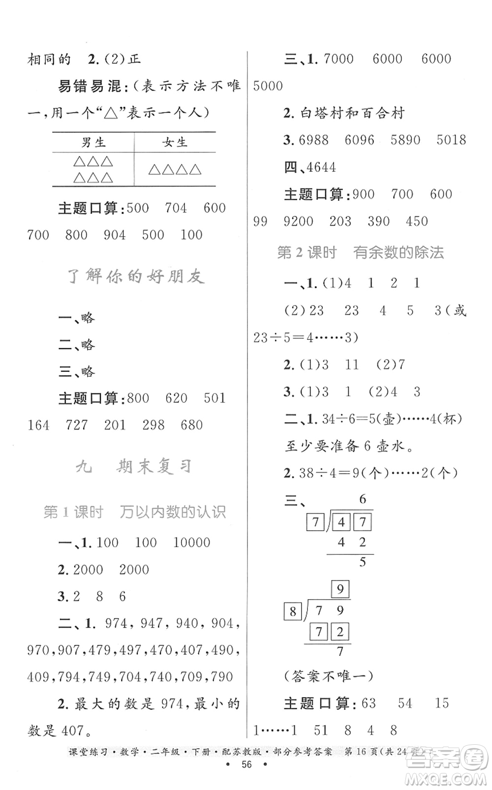 貴州人民出版社2022課堂練習(xí)二年級(jí)數(shù)學(xué)下冊(cè)蘇教版答案