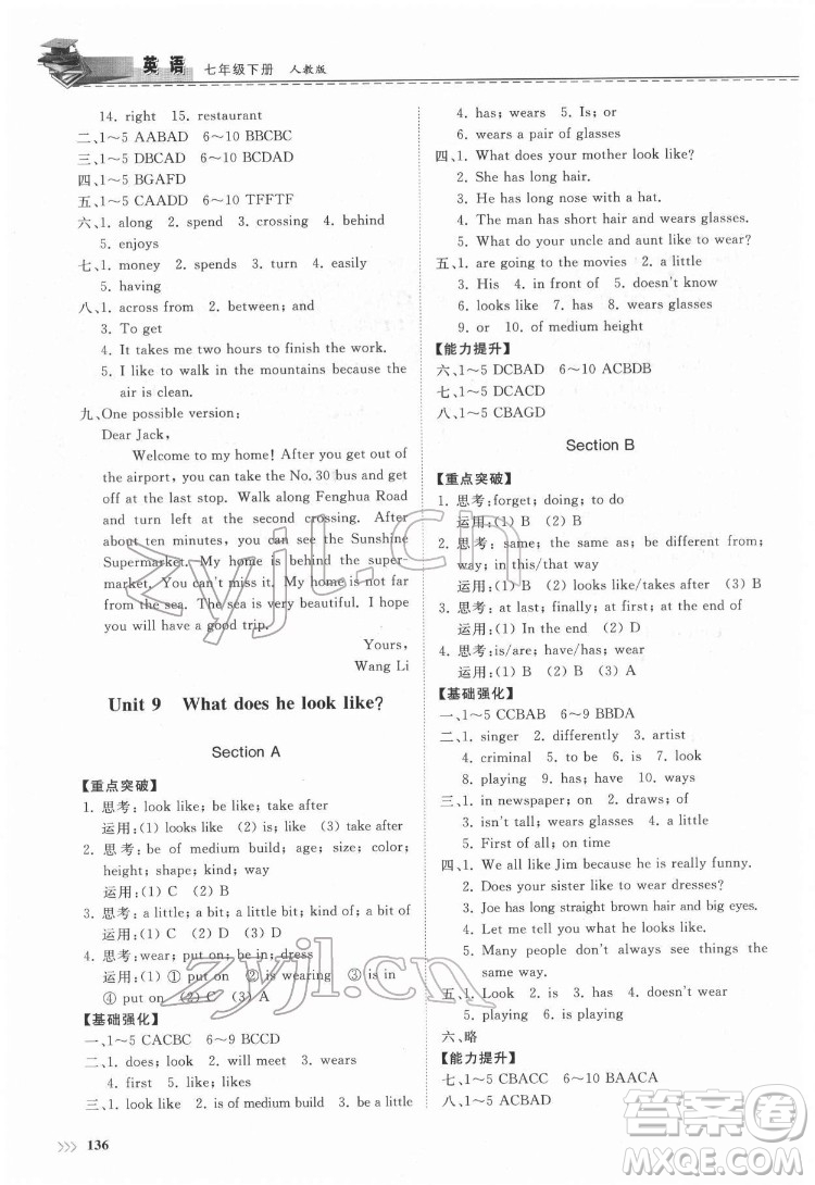 山東科學(xué)技術(shù)出版社2022初中同步練習(xí)冊英語七年級(jí)下冊人教版答案