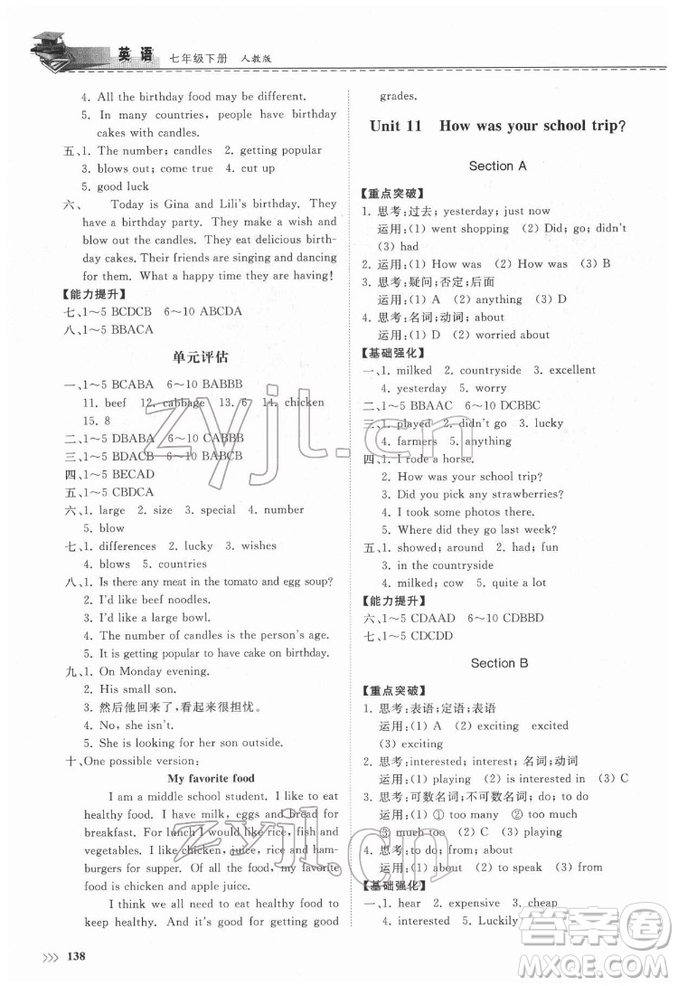 山東科學(xué)技術(shù)出版社2022初中同步練習(xí)冊英語七年級(jí)下冊人教版答案