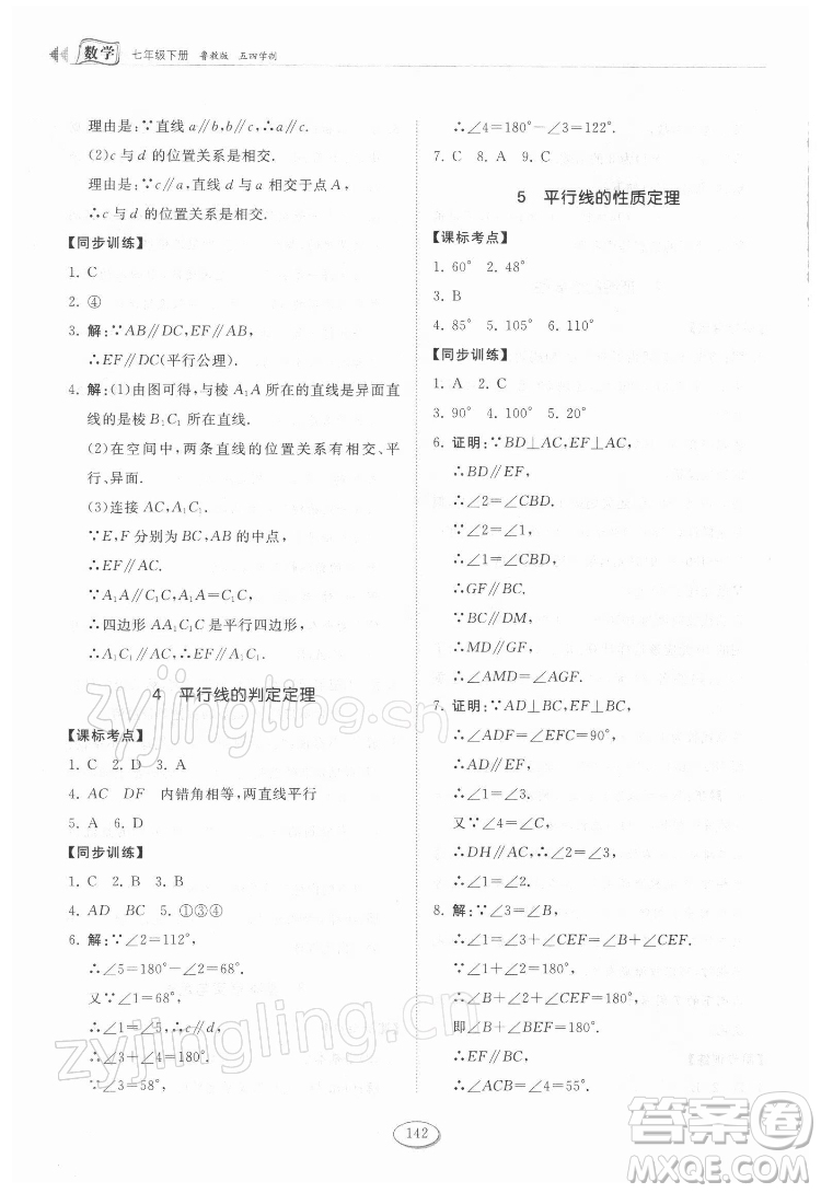 山東科學技術(shù)出版社2022初中同步練習冊數(shù)學七年級下冊魯教版答案
