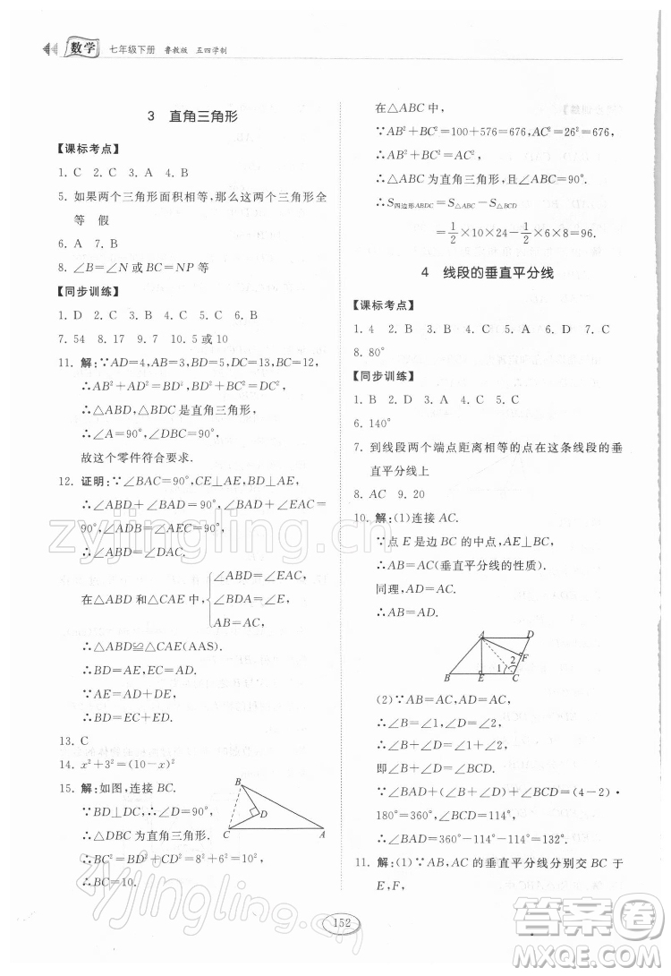 山東科學技術(shù)出版社2022初中同步練習冊數(shù)學七年級下冊魯教版答案