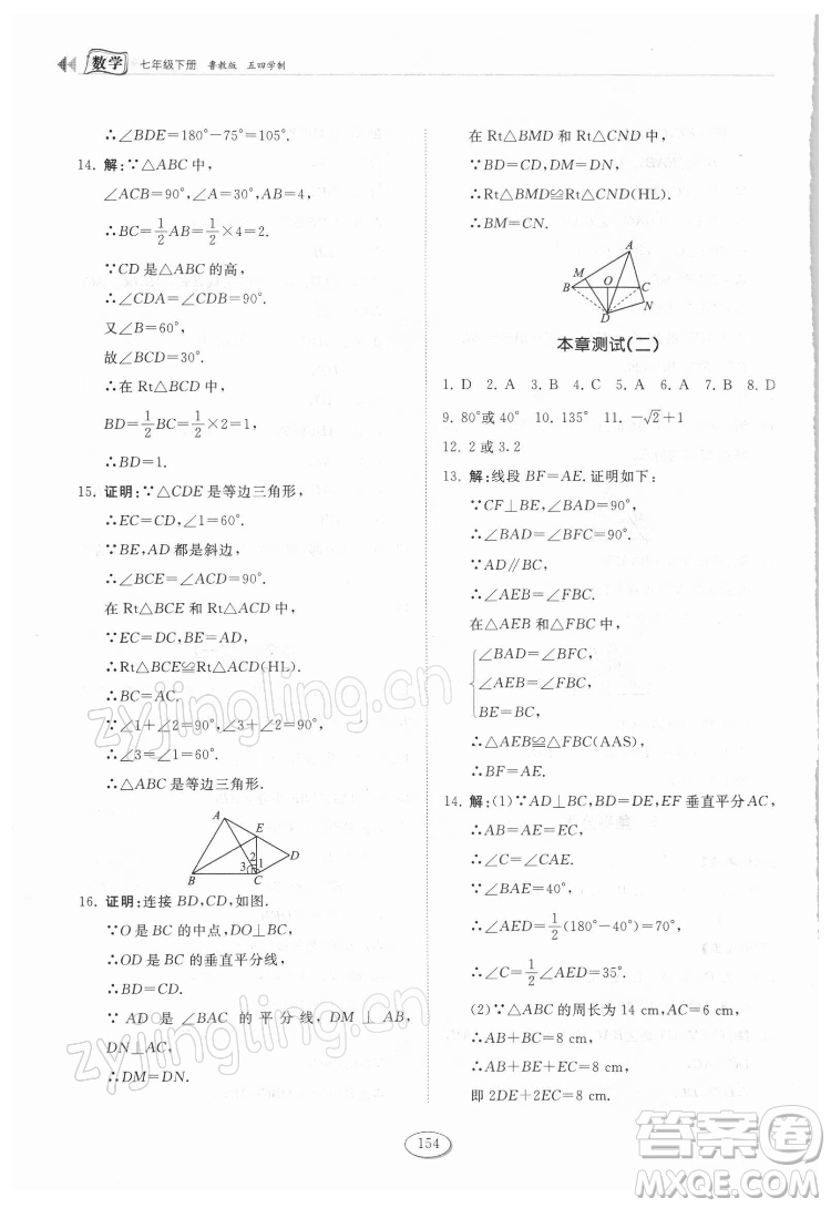 山東科學技術(shù)出版社2022初中同步練習冊數(shù)學七年級下冊魯教版答案