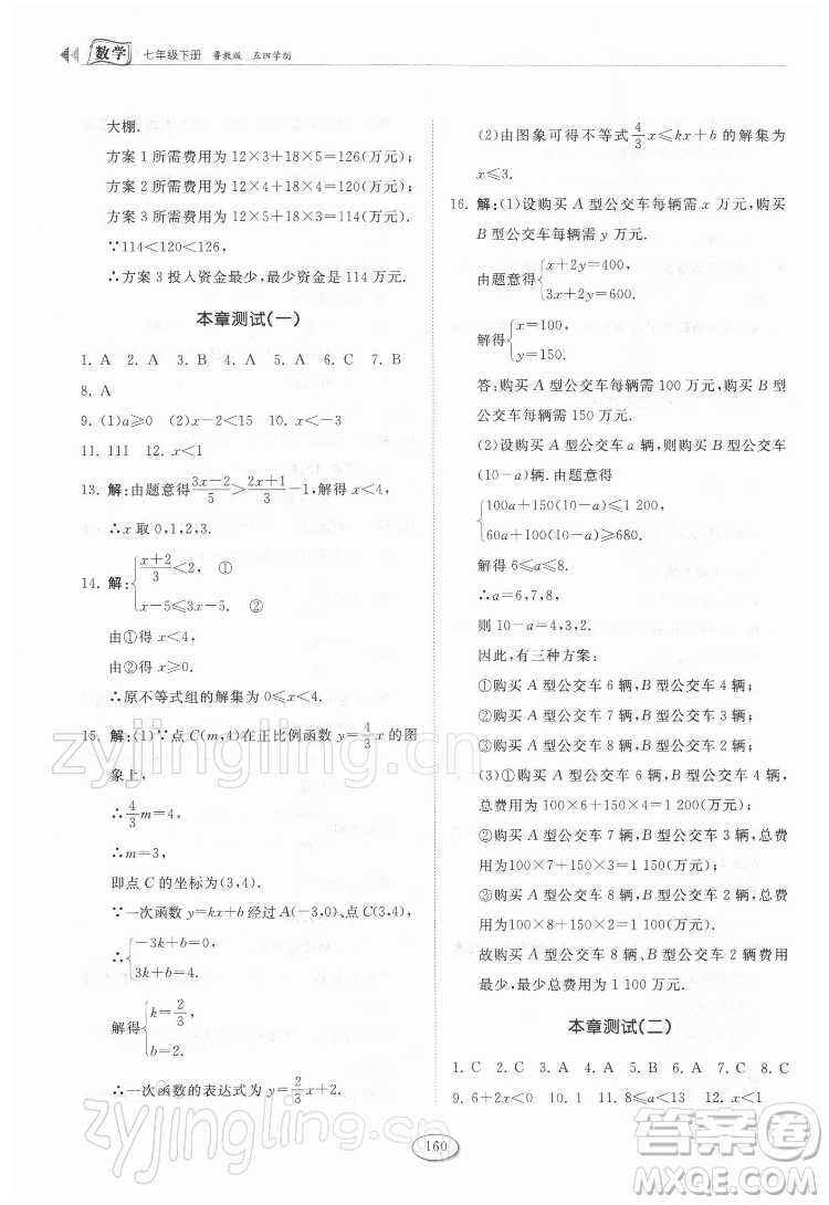 山東科學技術(shù)出版社2022初中同步練習冊數(shù)學七年級下冊魯教版答案
