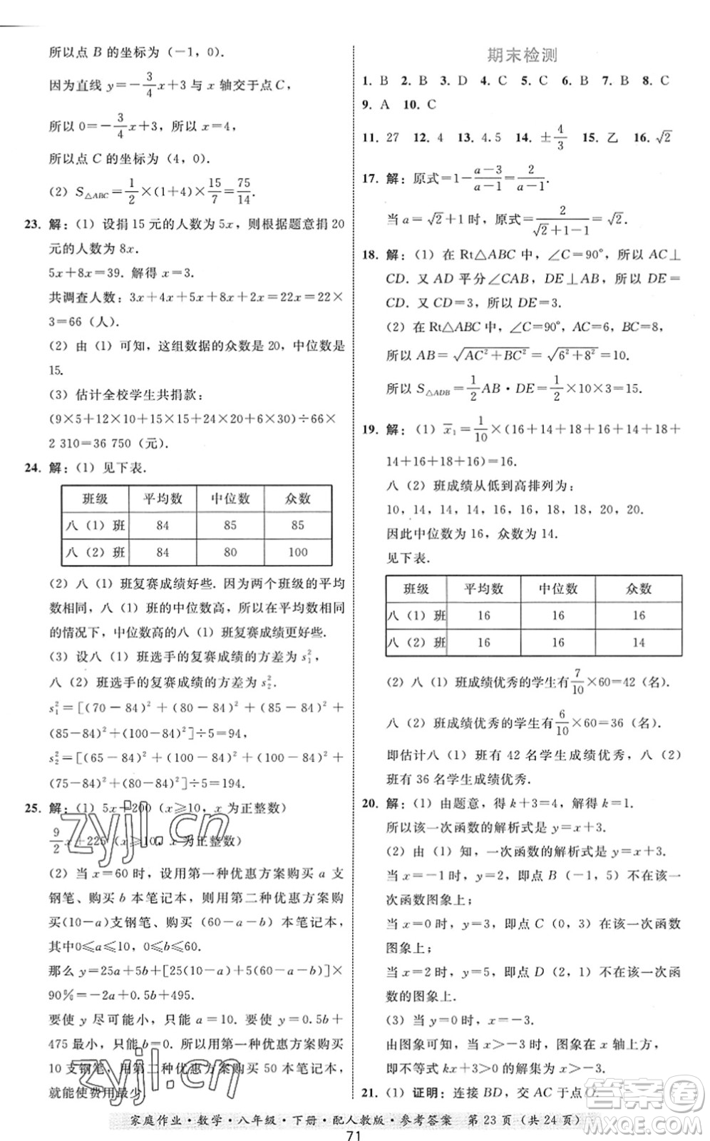貴州科技出版社2022家庭作業(yè)八年級數(shù)學(xué)下冊人教版答案