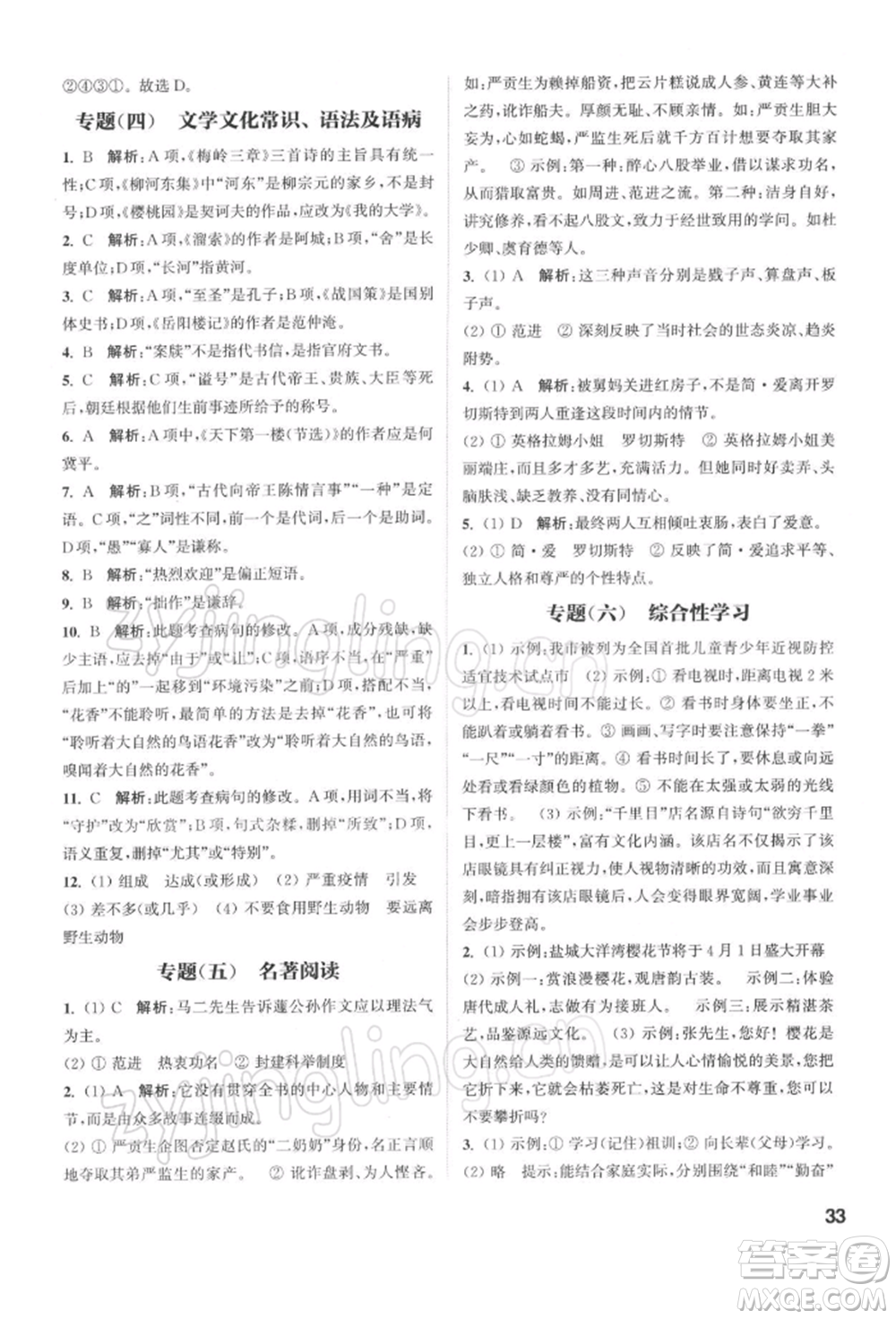 蘇州大學出版社2022金鑰匙1+1課時作業(yè)目標檢測九年級下冊語文全國版參考答案