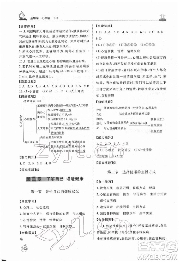 山東教育出版社2022初中同步練習(xí)冊(cè)生物學(xué)七年級(jí)下冊(cè)魯科版答案